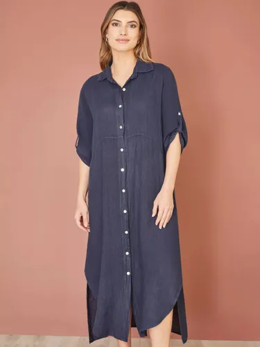 Yumi Italian Linen Relaxed Fit Midi Shirt Dress, Navy - Navy - Female