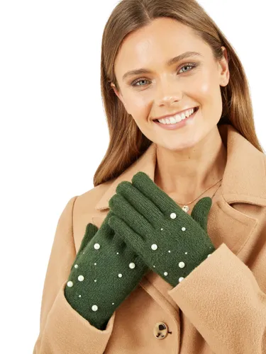 Yumi Knitted Embellished Gloves - Green - Female