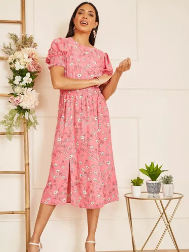Yumi Mela London Floral Print Ruched Waist Midi Dress, Pink - Pink - Female