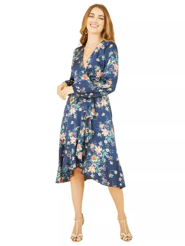 Yumi Mela London Floral Print Satin Wrap Midi Dress, Navy - Navy - Female