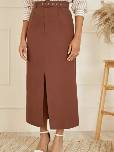 Yumi Tailored Front Split Belted Midi Skirt, Brown - Brown - Female