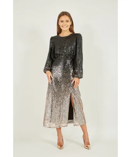 Yumi Womens Black And Gold Sequin Ombre Long Sleeve Midi Dress