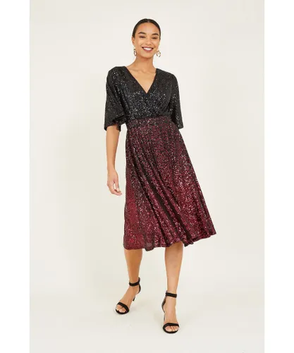 Yumi Womens Black and Red Ombre Sequin Midi Wrap Dress