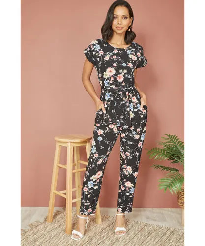 Yumi Womens Black Blossom Print Jumpsuit