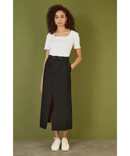 Yumi Womens Black Cotton Midi Skirt With Belt And Split Hem
