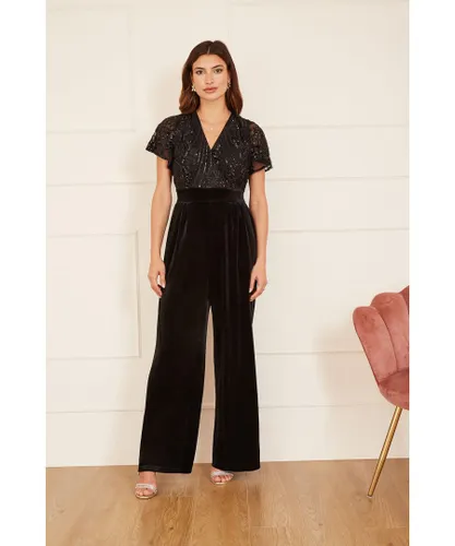 Yumi Womens Black Sequin Embellished Velvet Jumpsuit With Angel Sleeves
