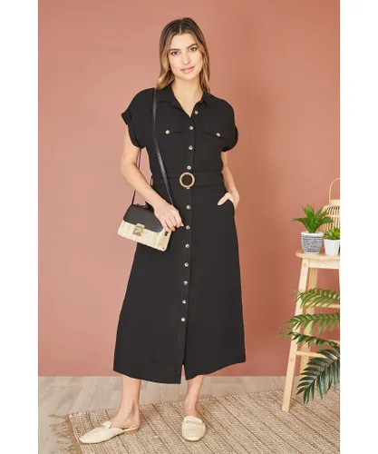 Yumi Womens Black Viscose Linen Look Midi Shirt Dress With Wooden Belt
