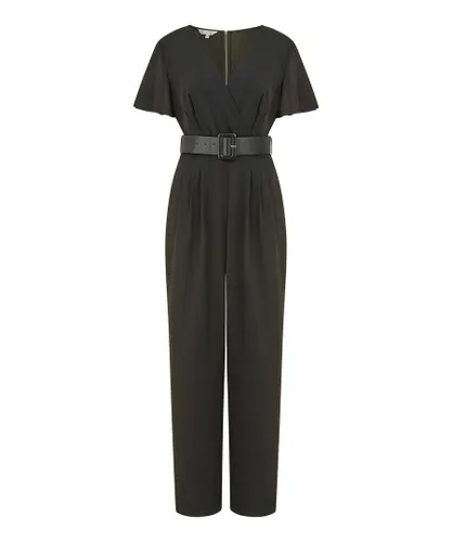 Yumi Womens Black Wrap Over Jumpsuit With Belt