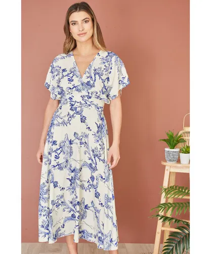 Yumi Womens Blue And White Print Ruched Waist Kimono Midi Dress Viscose