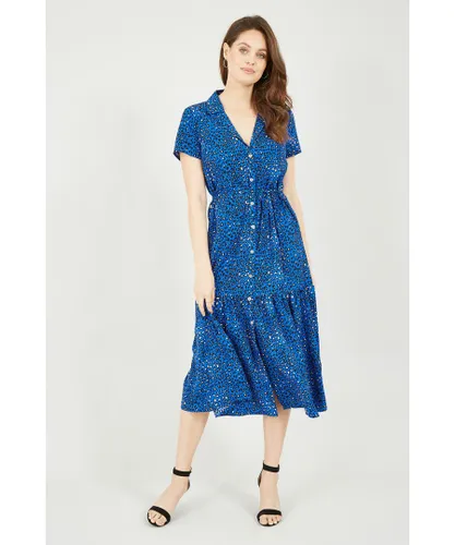 Yumi Womens Blue Animal Print Midi Shirt Dress