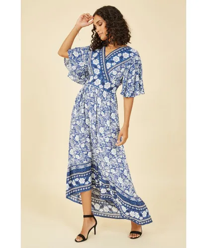 Yumi Womens Blue Border Floral Print Wrap High Low Maxi Dress
