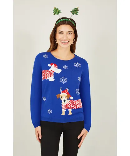Yumi Womens Blue Christmas Dog Knitted Jumper