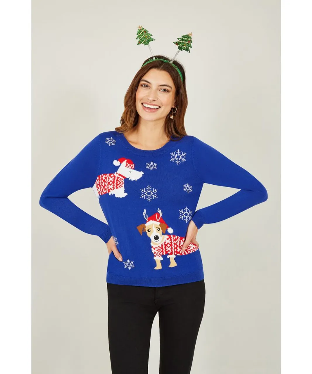 Yumi Womens Blue Christmas Dog Knitted Jumper