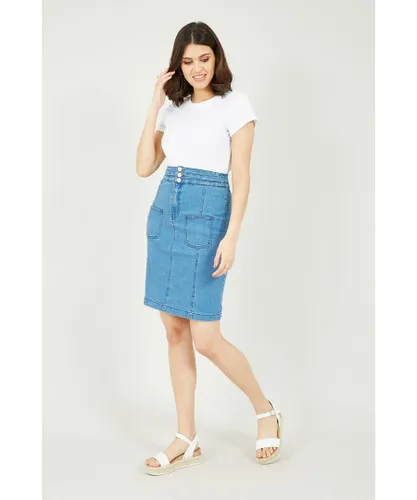 Yumi Womens Blue Denim Patch Pocket Skirt Cotton