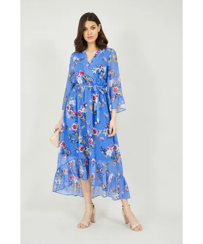Yumi Womens Blue Floral Butterfly Wrap High Low Dress