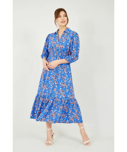 Yumi Womens Blue Floral Midi Shirt Dress