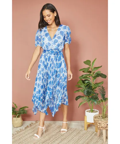 Yumi Womens Blue Floral Pleated Midi Dress With Puff Sleeves