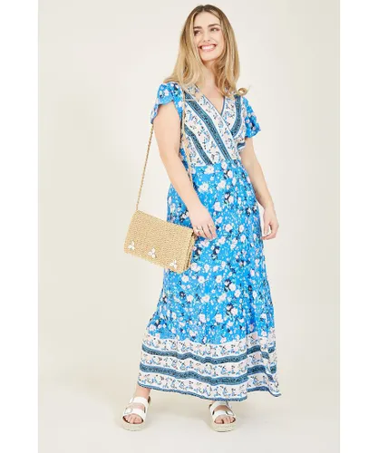 Yumi Womens Blue Floral Print Dress Cotton