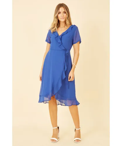 Yumi Womens Blue Frill Wrap Dress