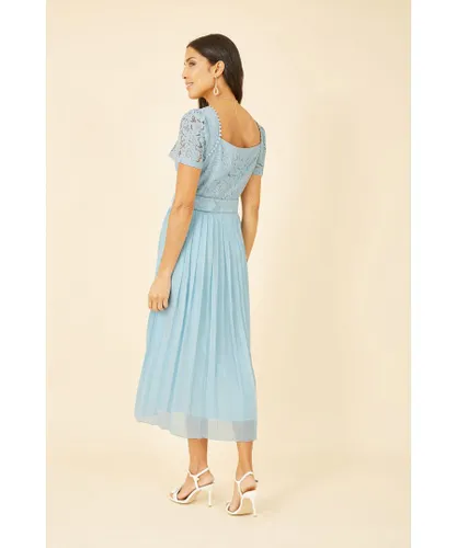 Yumi Womens Blue Lace Dress With Pleated Skirt and Belt