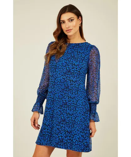 Yumi Womens Blue Recyled Animal Print Long Sleeve Tunic Dress