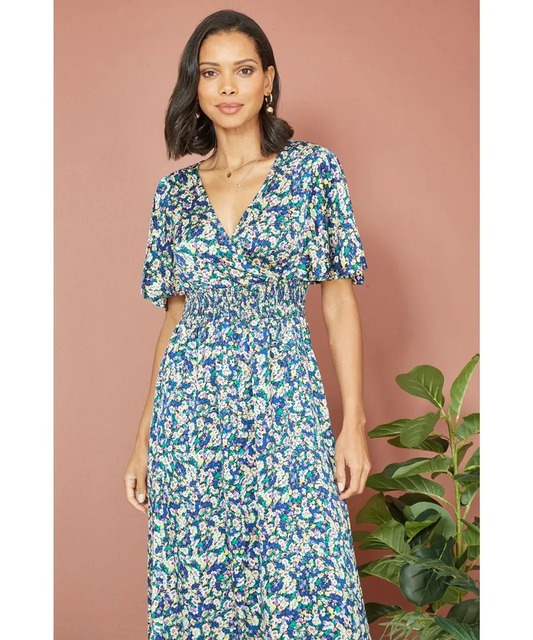 Yumi Womens Blue Satin Ditsy Print Wrap Maxi Dress