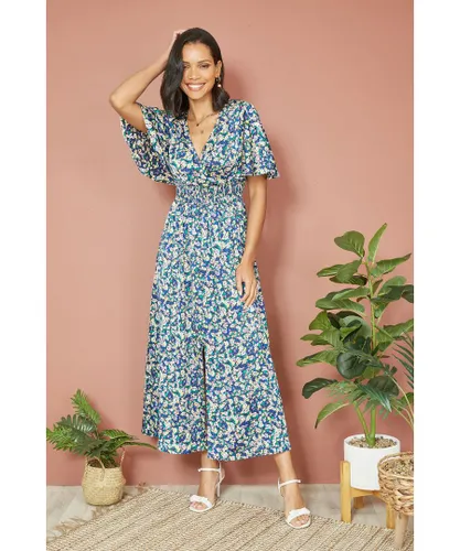 Yumi Womens Blue Satin Ditsy Print Wrap Maxi Dress