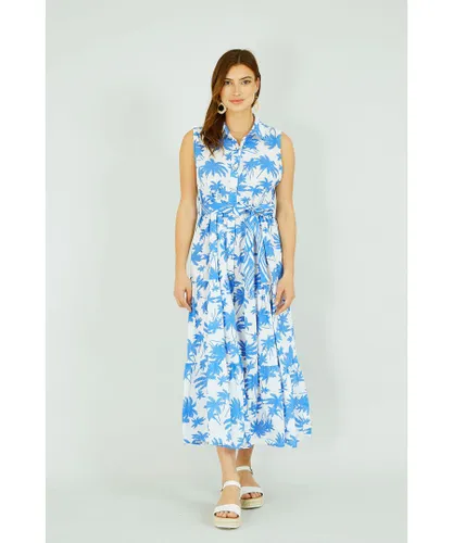 Yumi Womens Cotton Palm Print Tiered Midi Dress - Blue