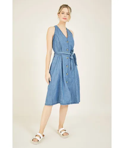 Yumi Womens Denim Shirt Dress - Blue Cotton