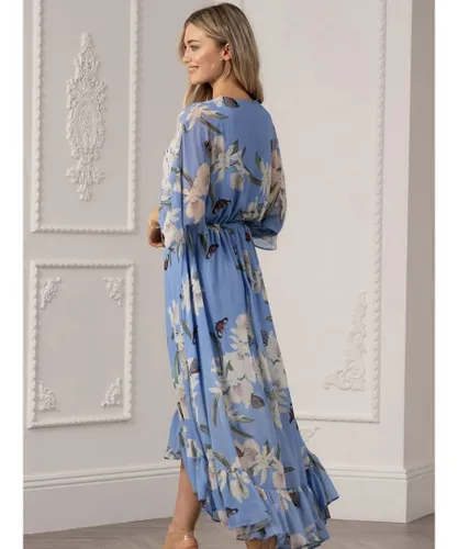 Yumi Womens Floral Print Kimono Midi Wrap Dress - Light Blue