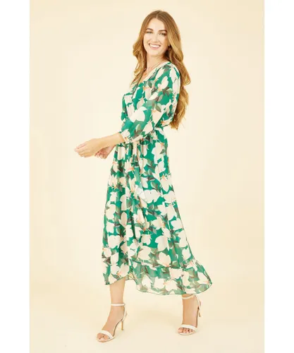 Yumi Womens Green Blossom Wrap Midi Dress With 3/4 Sleeves