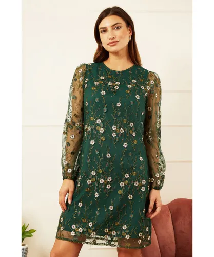 Yumi Womens Green Embroidered Floral Tunic Dress