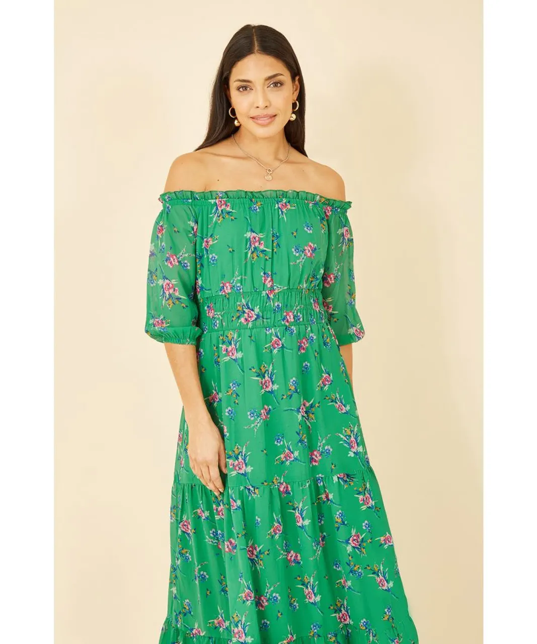 Yumi Womens Green Floral Bardot Long Sleeve Maxi Dress