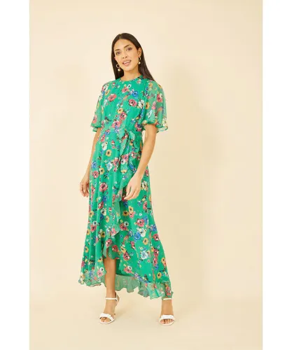 Yumi Womens Green Floral Bird Print Midi Frill Dress