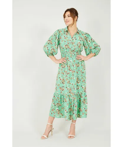 Yumi Womens Green Floral Midi Shirt Dress