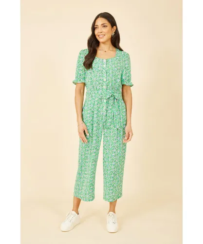 Yumi Womens Green Floral Puff Sleeve Jumpsuit