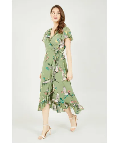 Yumi Womens Green Frill Crane Wrap Midi Dress
