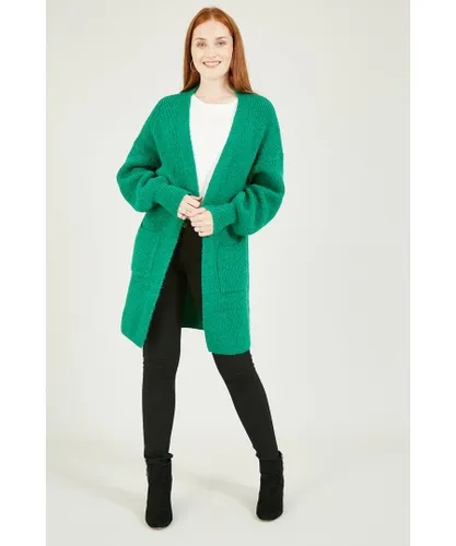 Yumi Womens Green Knitted Long Cardigan With Pocket - Dark Green