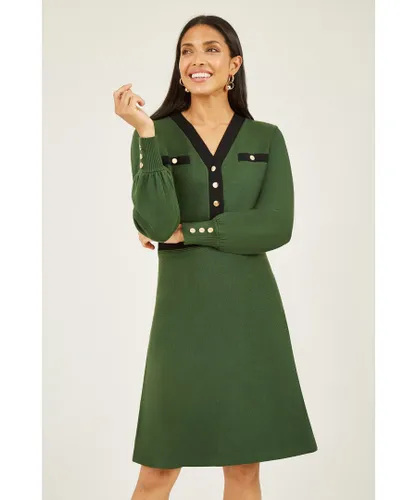 Yumi Womens Green Knitted Shirt Dress With Contrast Detail Viscose