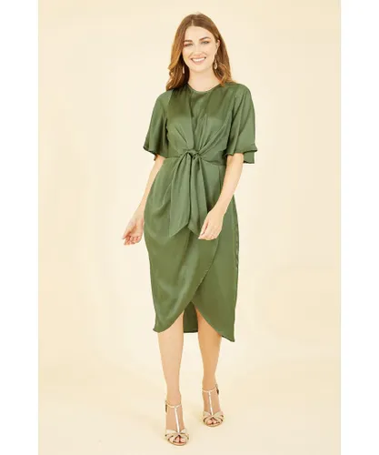 Yumi Womens Green Satin Tie Detail Midi Dress
