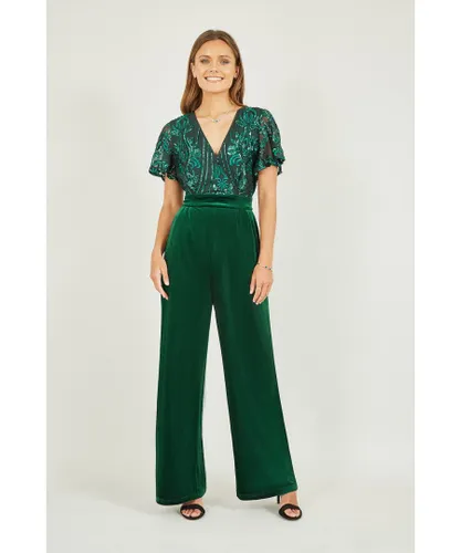 Yumi Womens Green Sequin Embellished Velvet Jumpsuit With Angel Sleeves