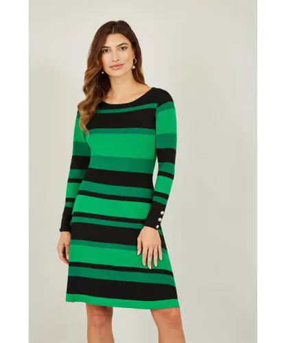 Yumi Womens Green Striped Knitted Skater Dress Viscose