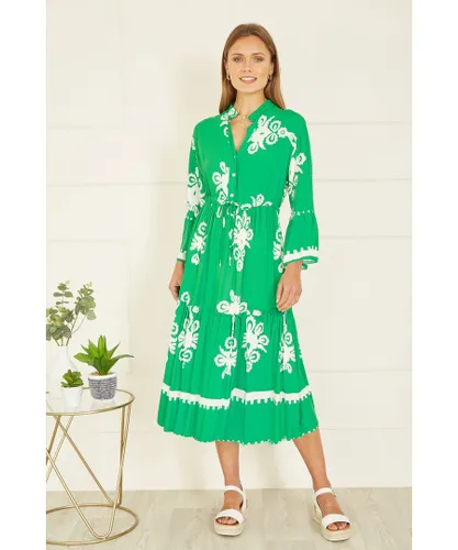 Yumi Womens Green Viscose Midi Dress With Long Sleeves