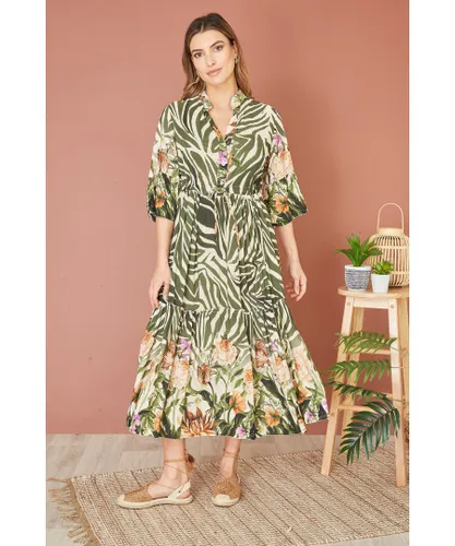 Yumi Womens Green Viscose Zebra And Floral Print Midi Dress