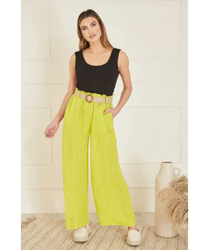 Yumi Womens Lime Striped Italian Linen Wide Leg Trousers With Belt - Lime Green