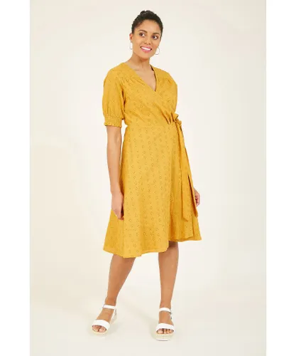 Yumi Womens Mustard Broderie Anglaise Wrap Dress Cotton