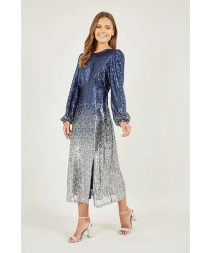 Yumi Womens Navy and Silver Sequin Ombre Long Sleeve Midi Dress