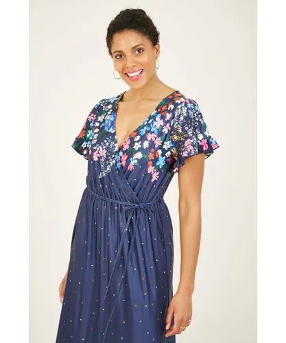 Yumi Womens Navy Cluster Floral Maxi Dress With Fril