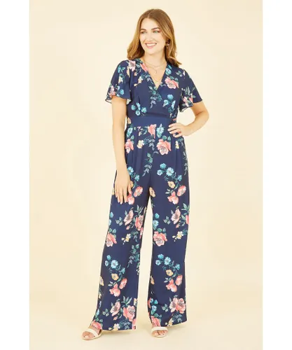Yumi Womens Navy Floral Angel Sleeve Jumpsuit