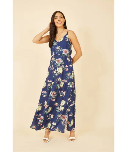 Yumi Womens Navy Floral Strappy Tiered Maxi Dress